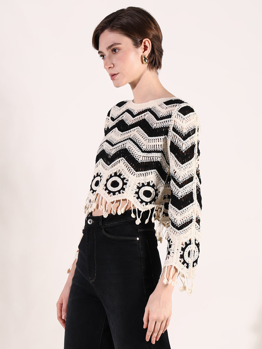 Women Cream Geometric Crochet Top