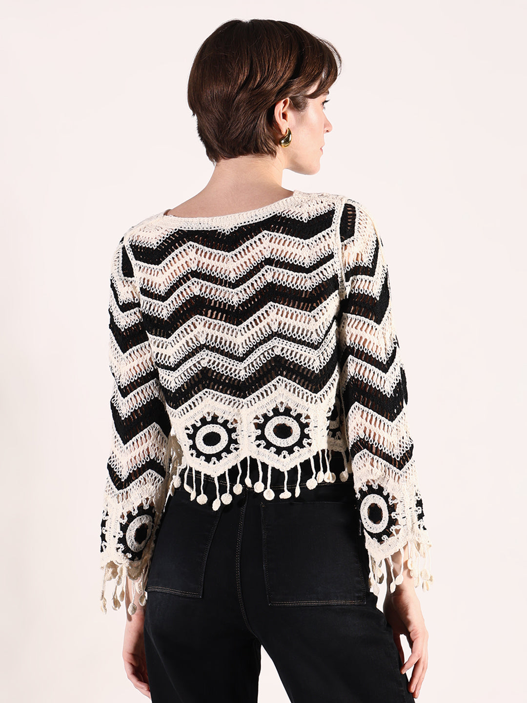 Women Cream Geometric Crochet Top