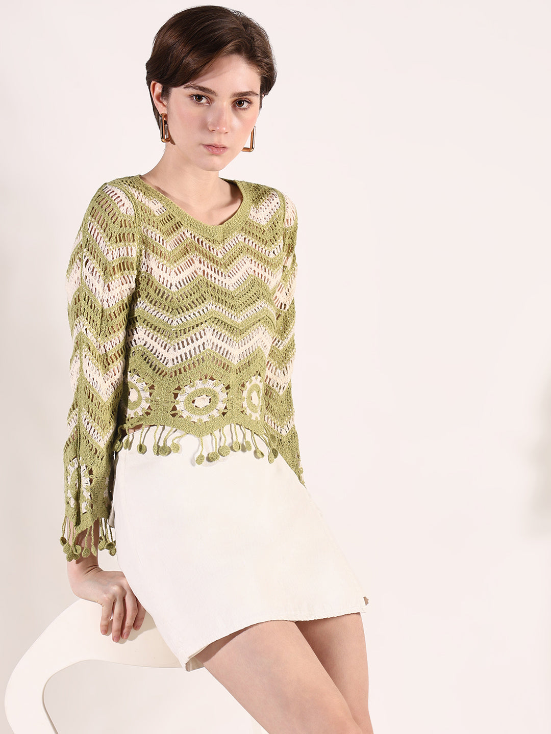 Women Green Geometric Crochet Top