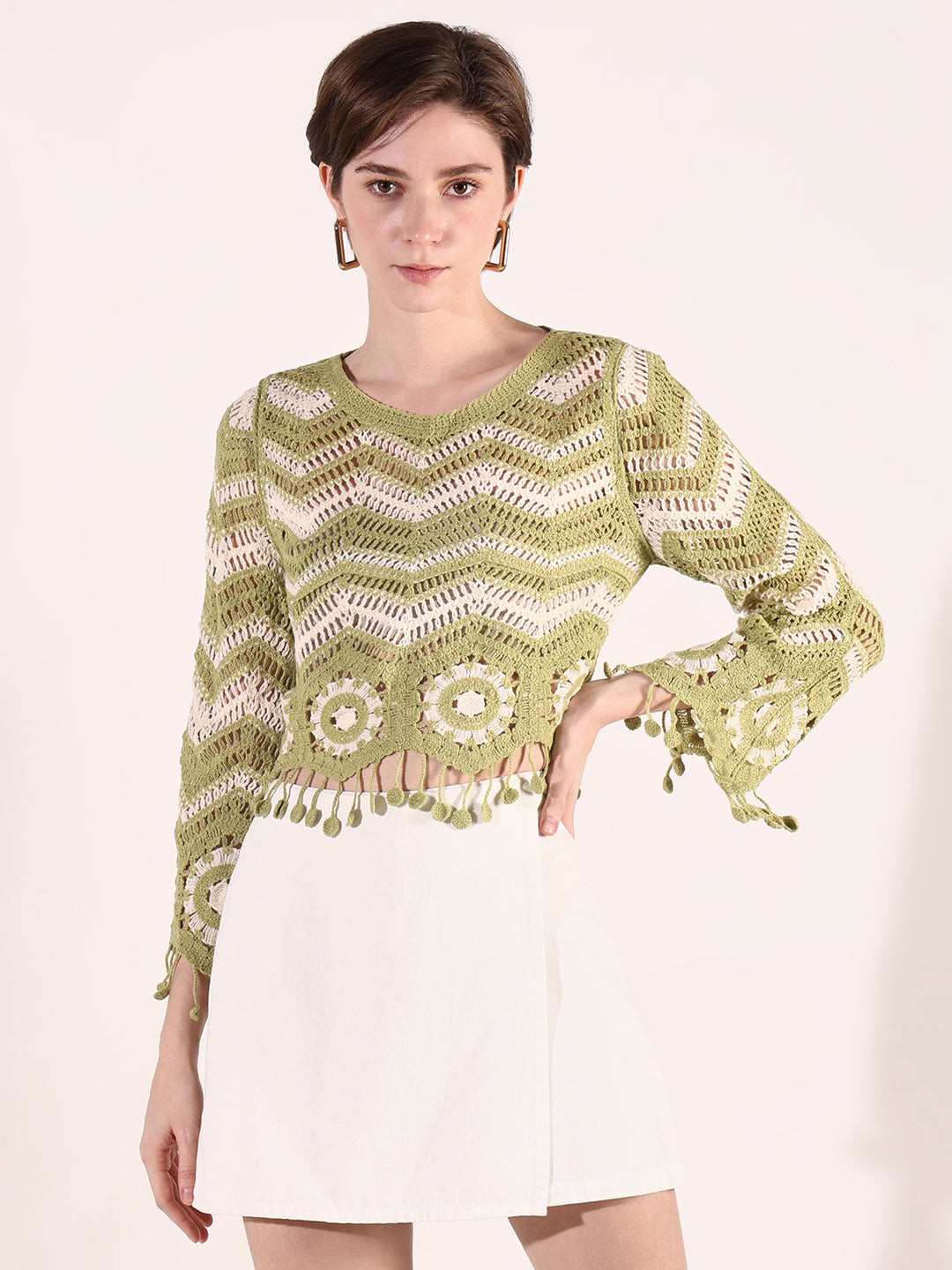 Women Green Geometric Crochet Top