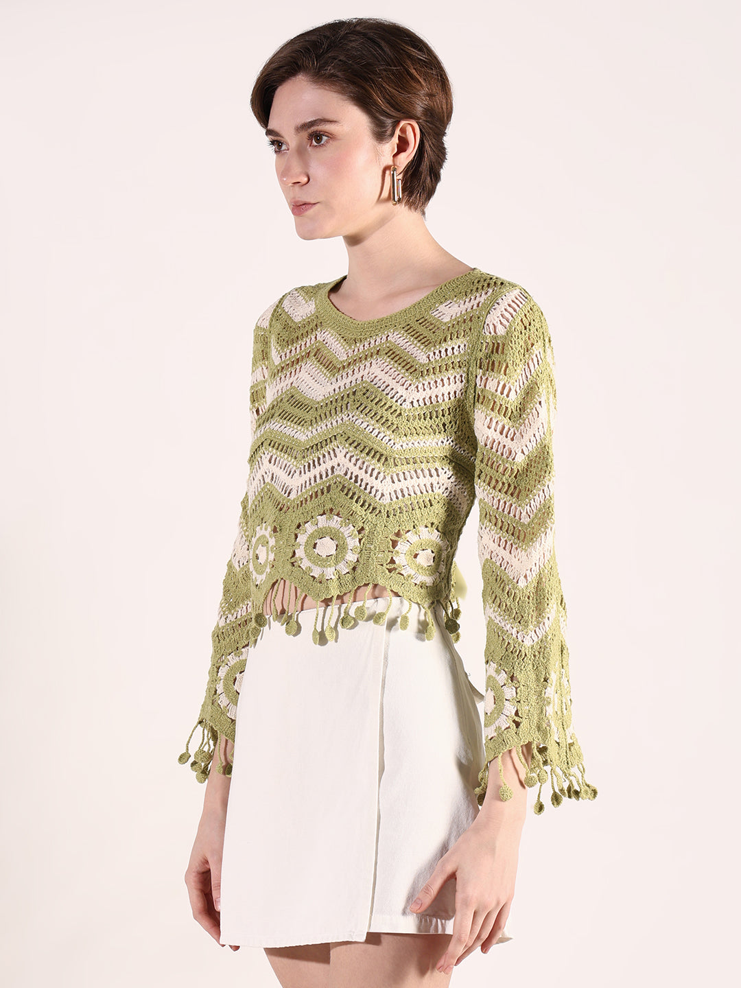 Women Green Geometric Crochet Top