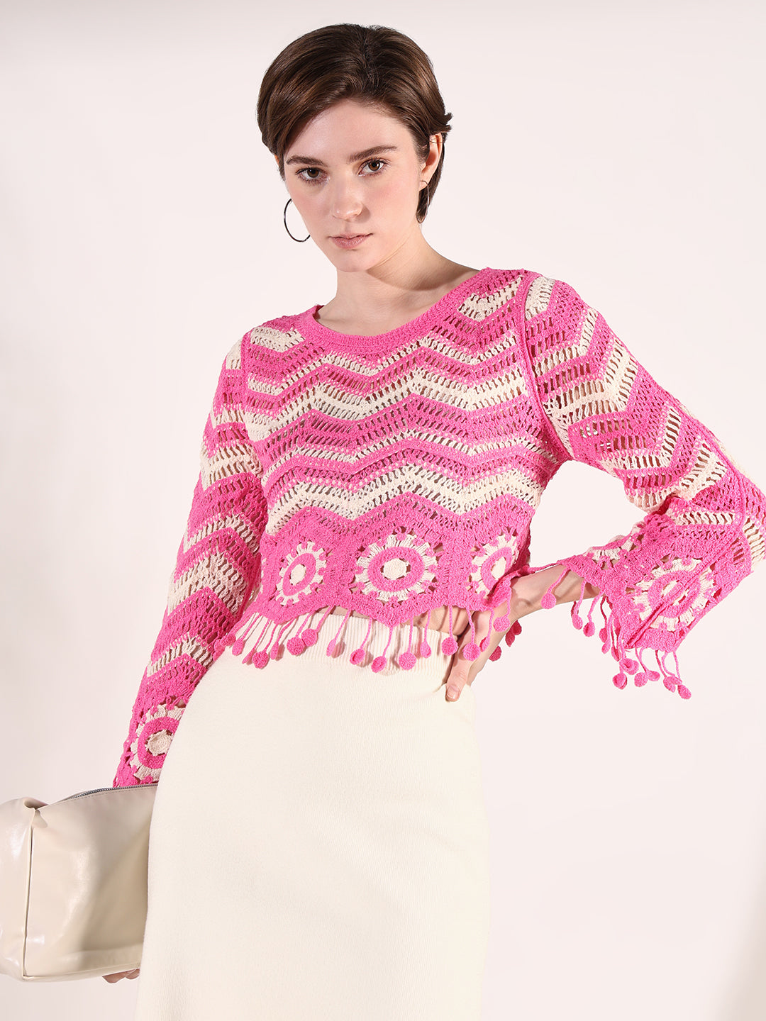 Women Pink Geometric Crochet Top