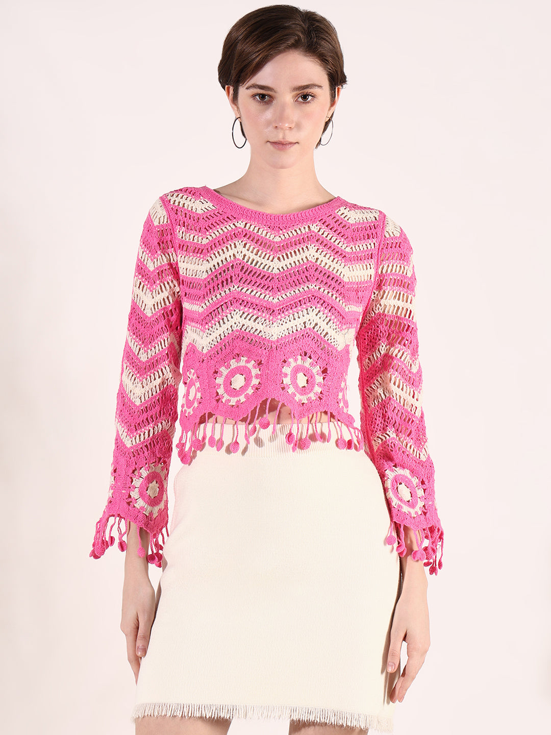 Women Pink Geometric Crochet Top