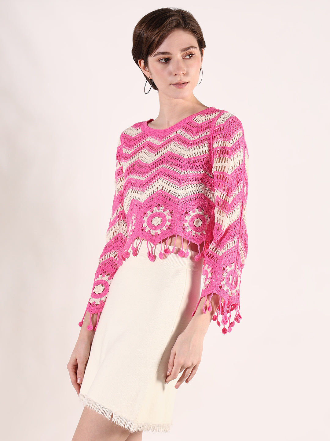 Women Pink Geometric Crochet Top