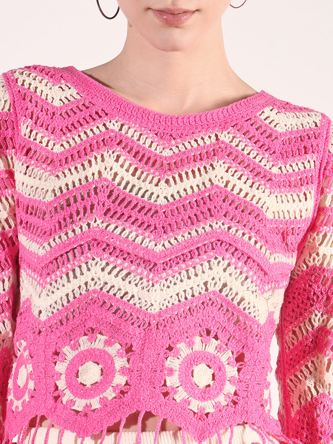 Women Pink Geometric Crochet Top