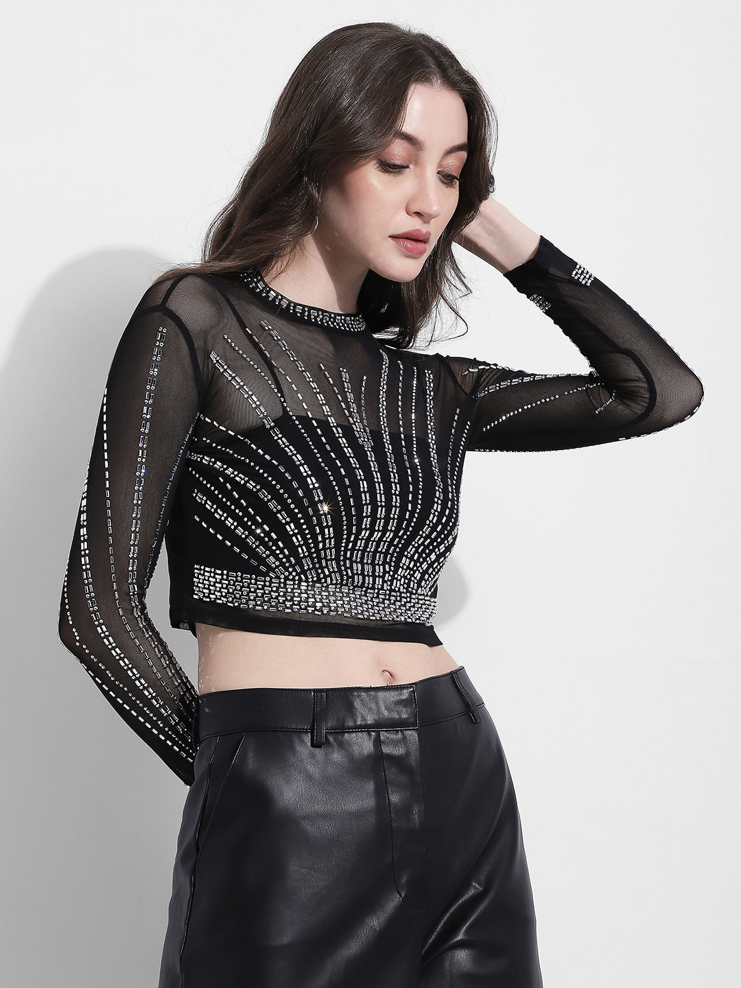 Women's Embellished Black Mesh Crop Top
