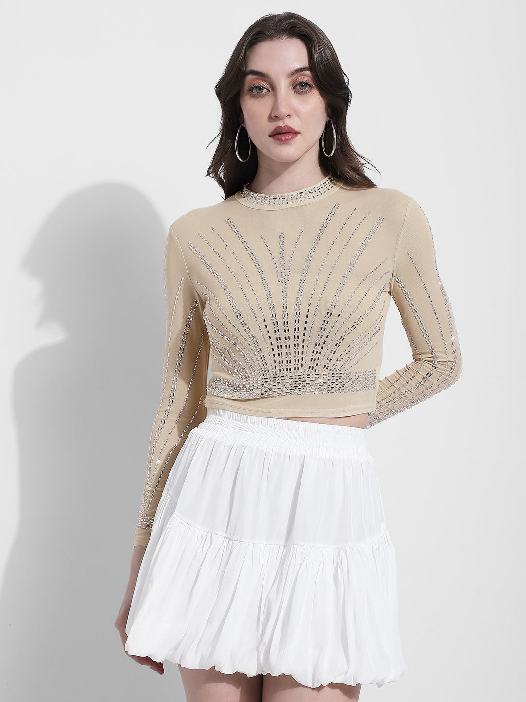 Women's Embellished Cream Mesh Crop Top