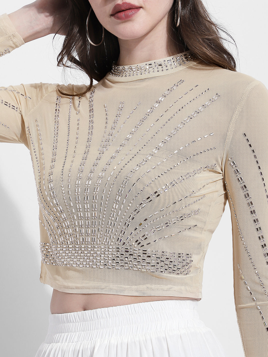 Women's Embellished Cream Mesh Crop Top