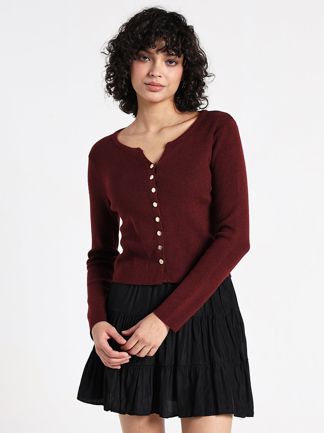 Women's Maroon Textured Knit Top