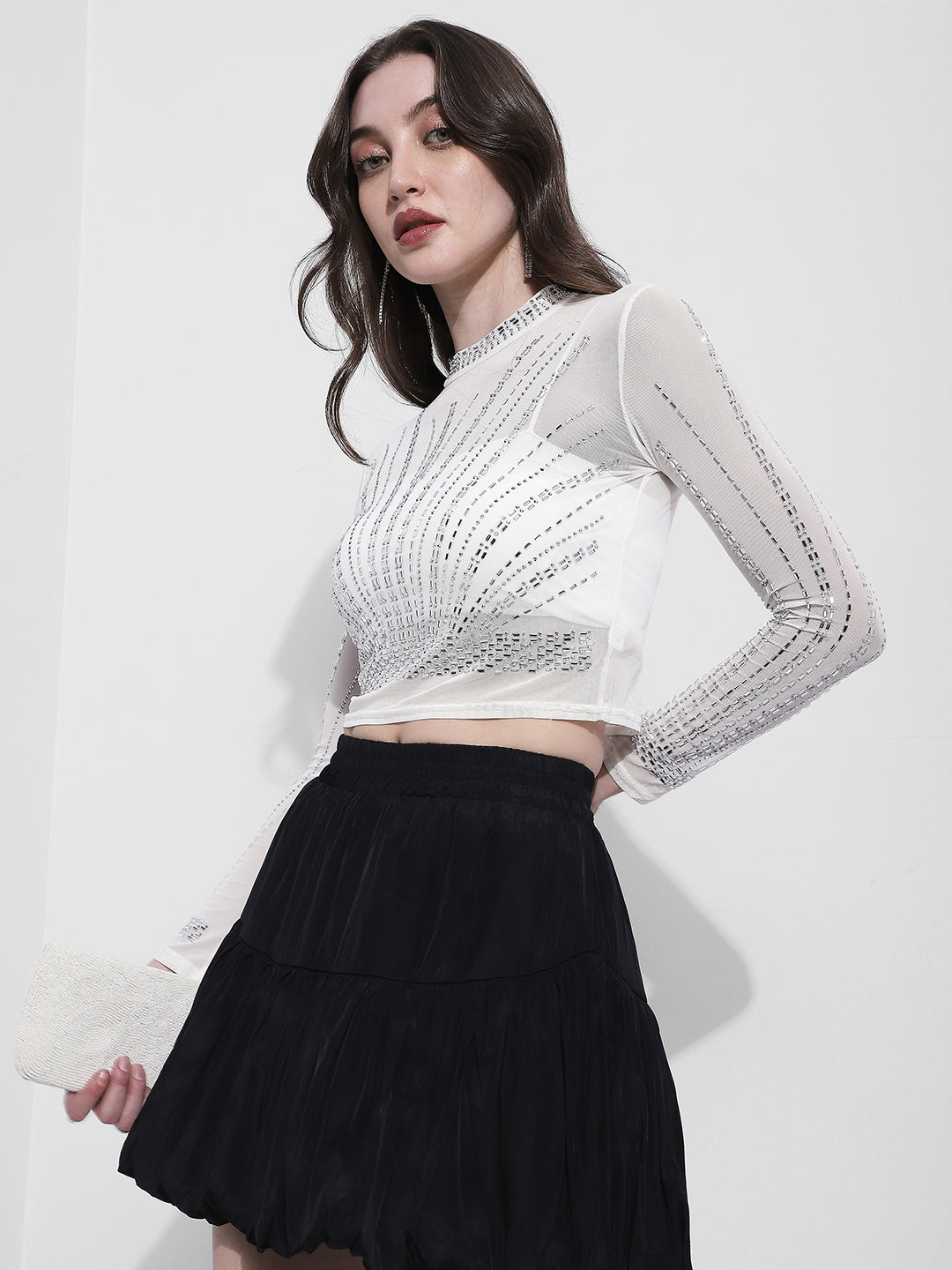 Women's Embellished White Mesh Crop Top