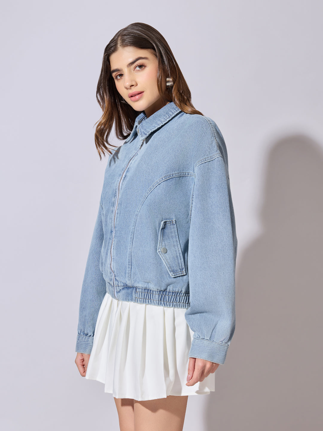 Women's Blue Denim Zip-Up Jacket with Shirt Collar