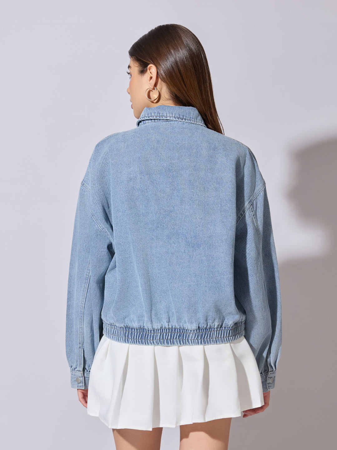 Women's Blue Denim Zip-Up Jacket with Shirt Collar