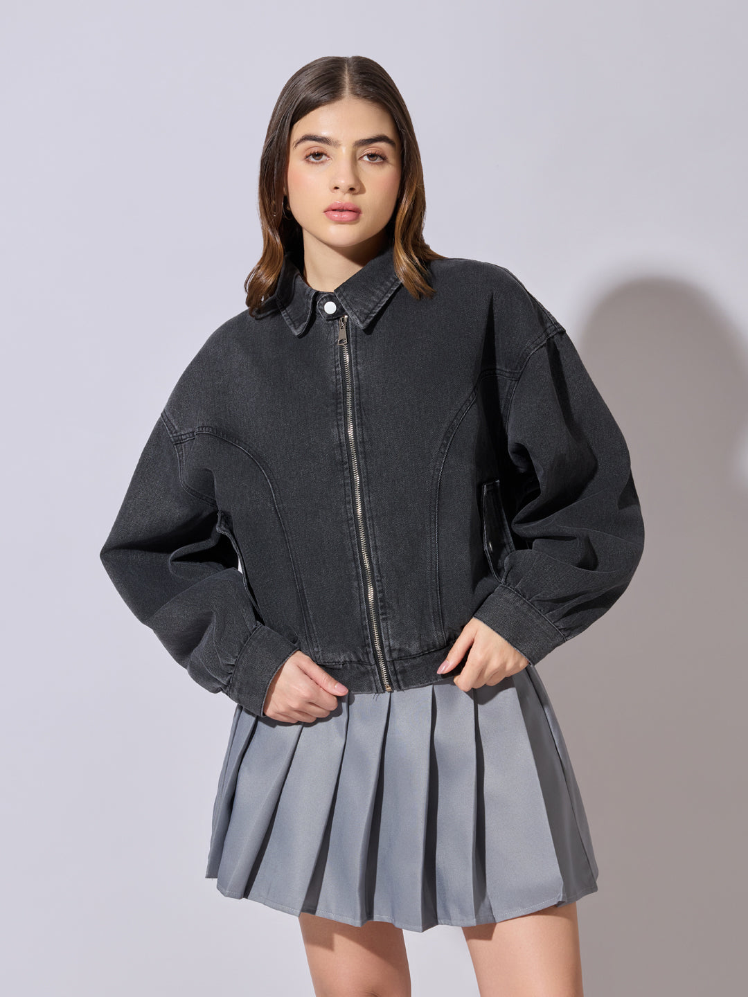 Women's Grey Denim Zip-Up Jacket with Shirt Collar