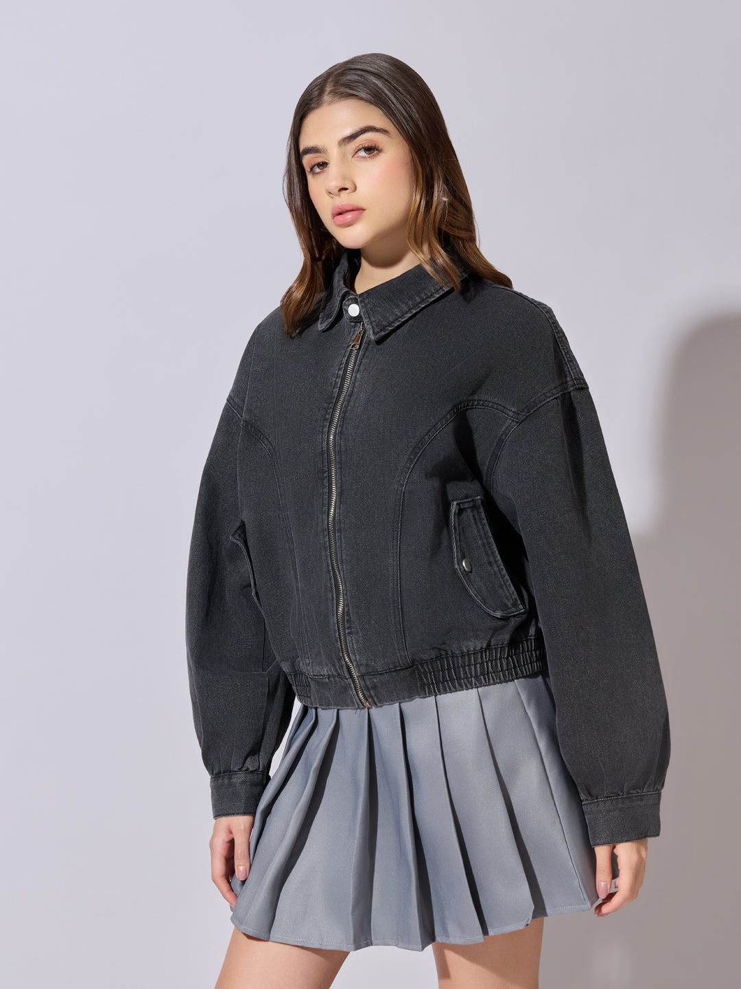 Women's Grey Denim Zip-Up Jacket with Shirt Collar