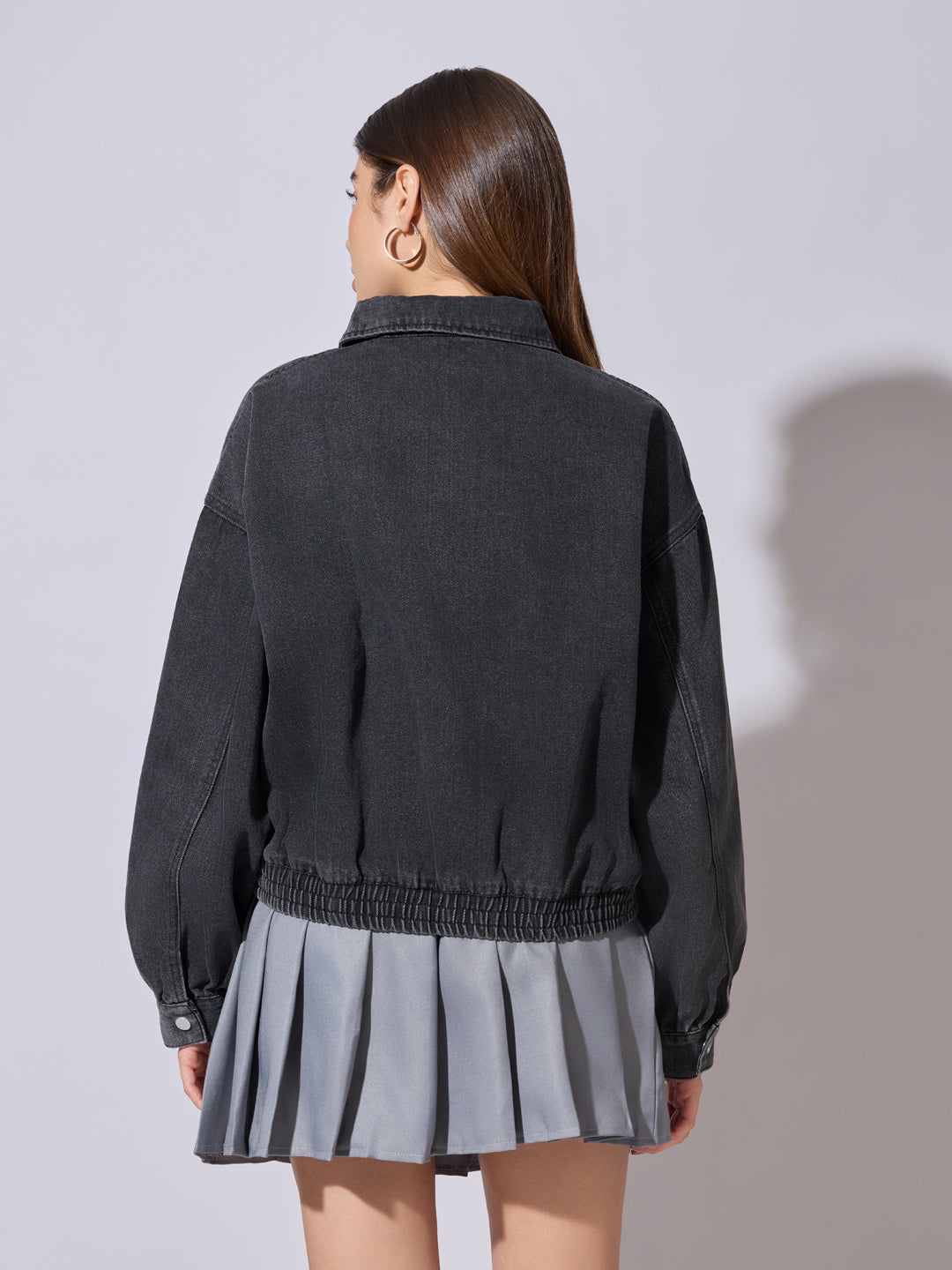 Women's Grey Denim Zip-Up Jacket with Shirt Collar