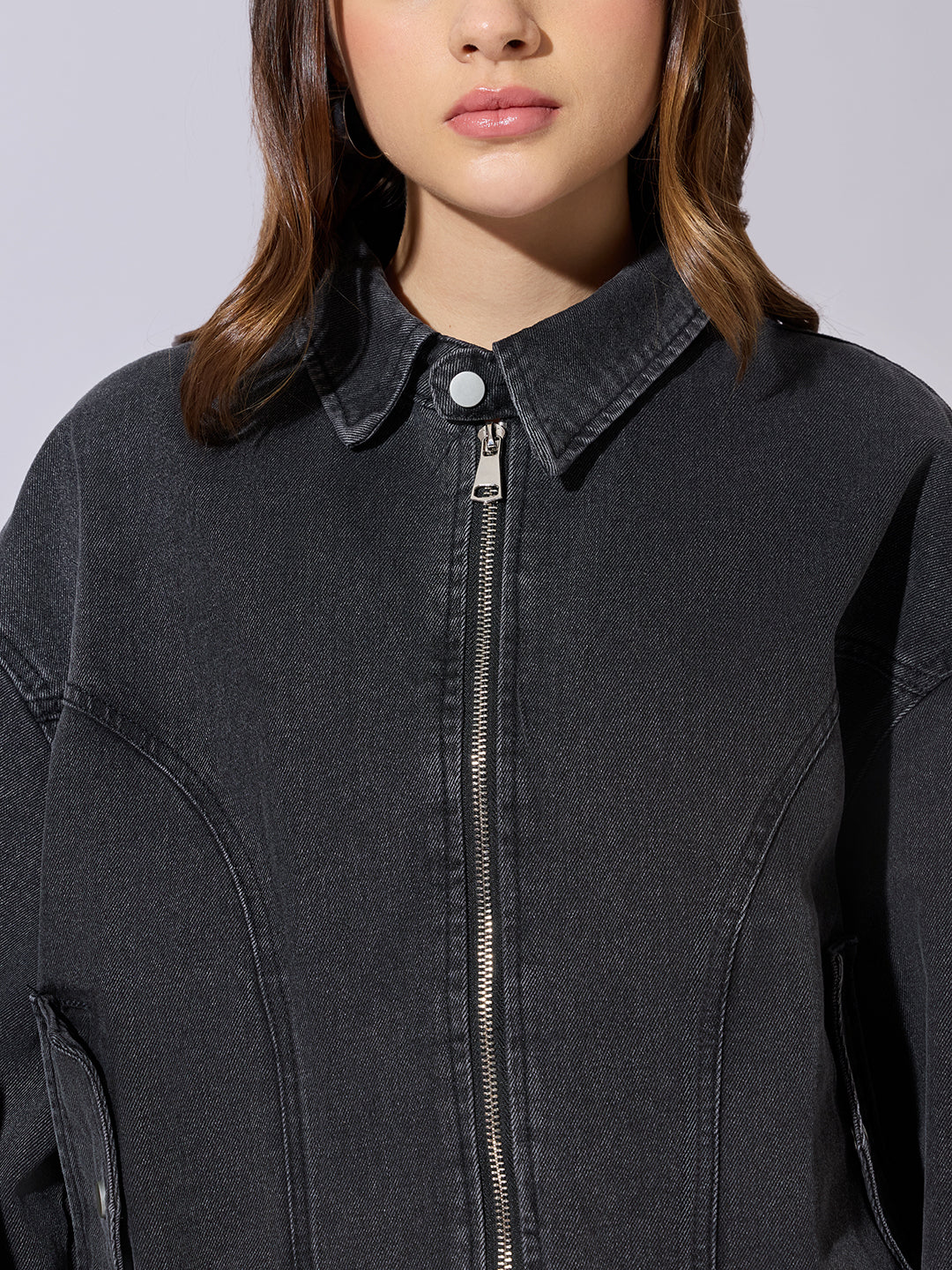 Women's Grey Denim Zip-Up Jacket with Shirt Collar