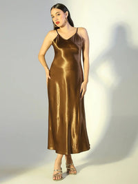 Women's Brown Satin Spaghetti Strap Dress