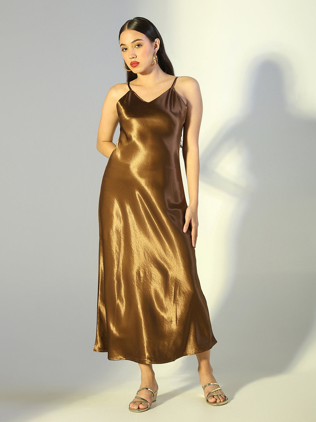Women's Brown Satin Spaghetti Strap Dress