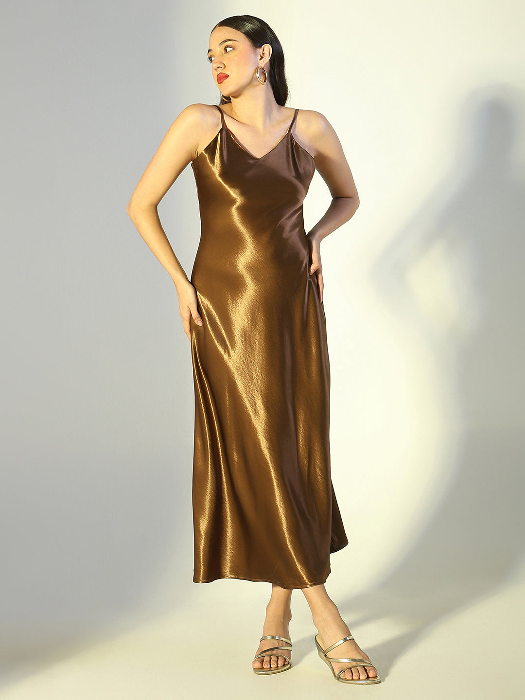 Women's Brown Satin Spaghetti Strap Dress