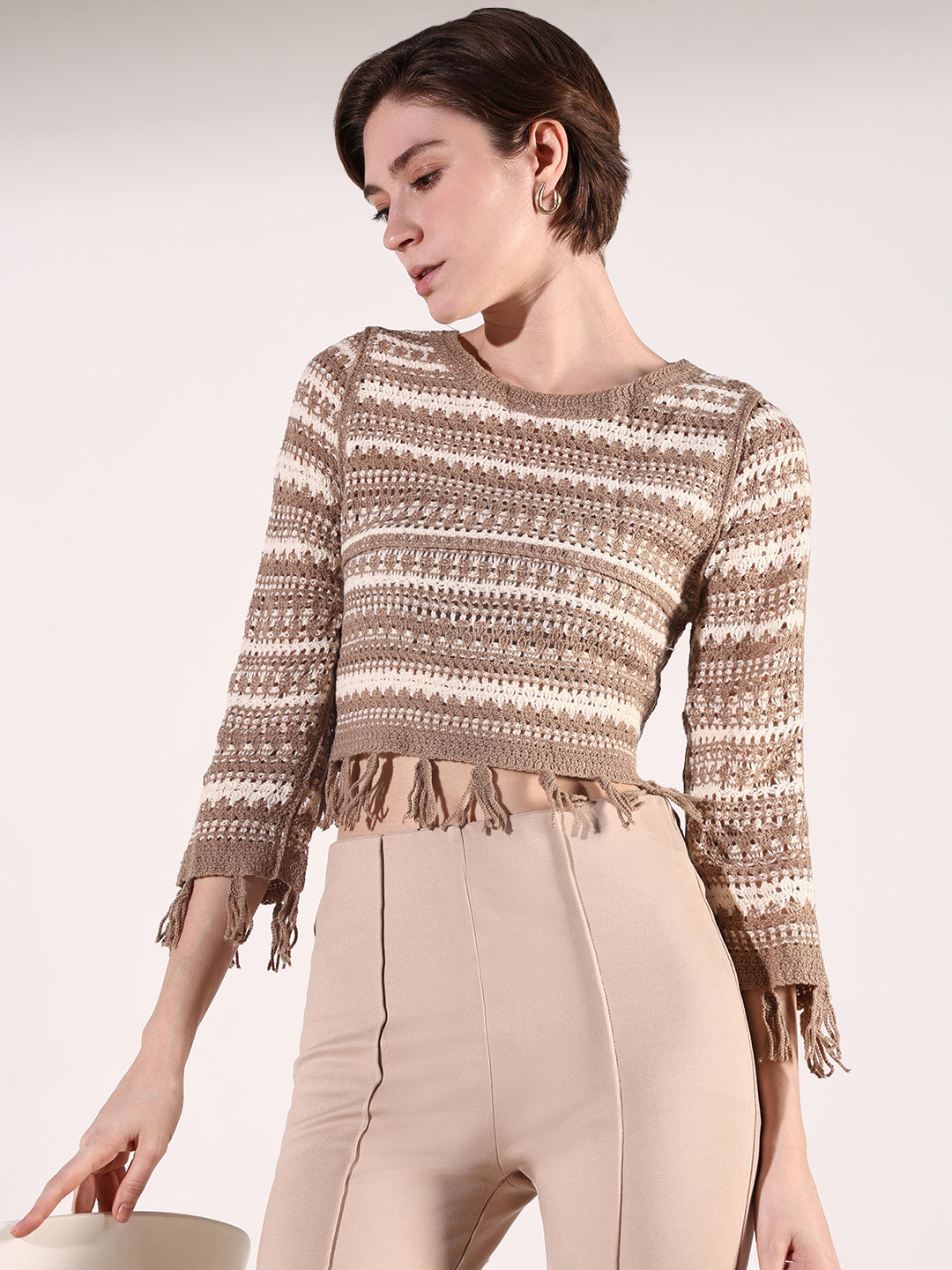 Women Beige Solid Crochet Top