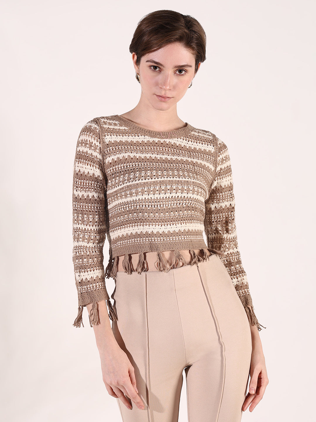 Women Beige Solid Crochet Top