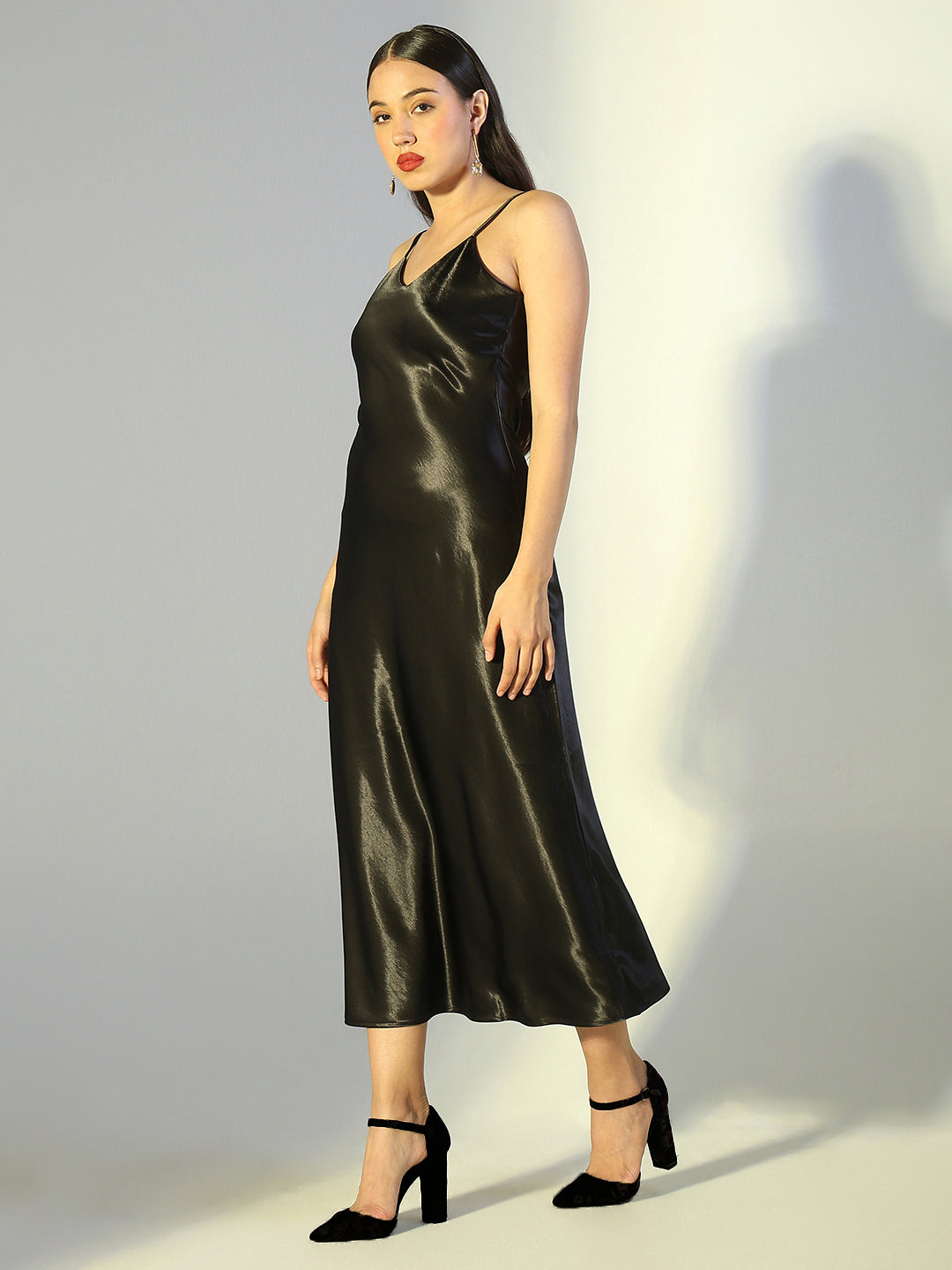 Women's Black Satin Spaghetti Strap Dress