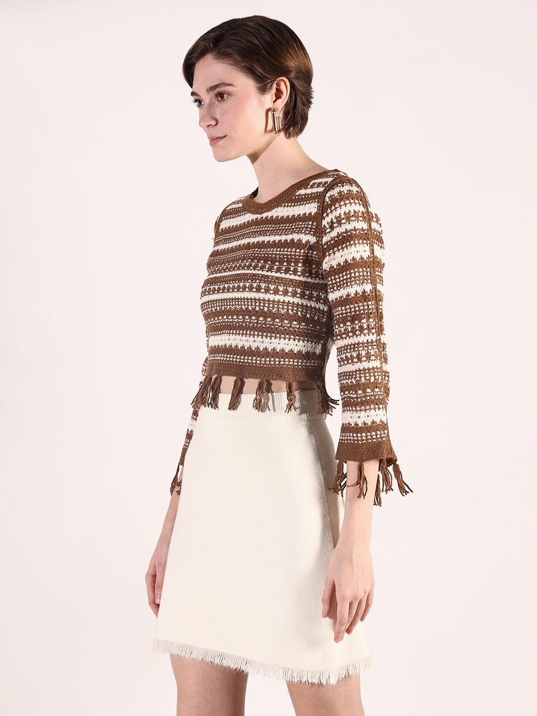 Women Brown Solid Crochet Top