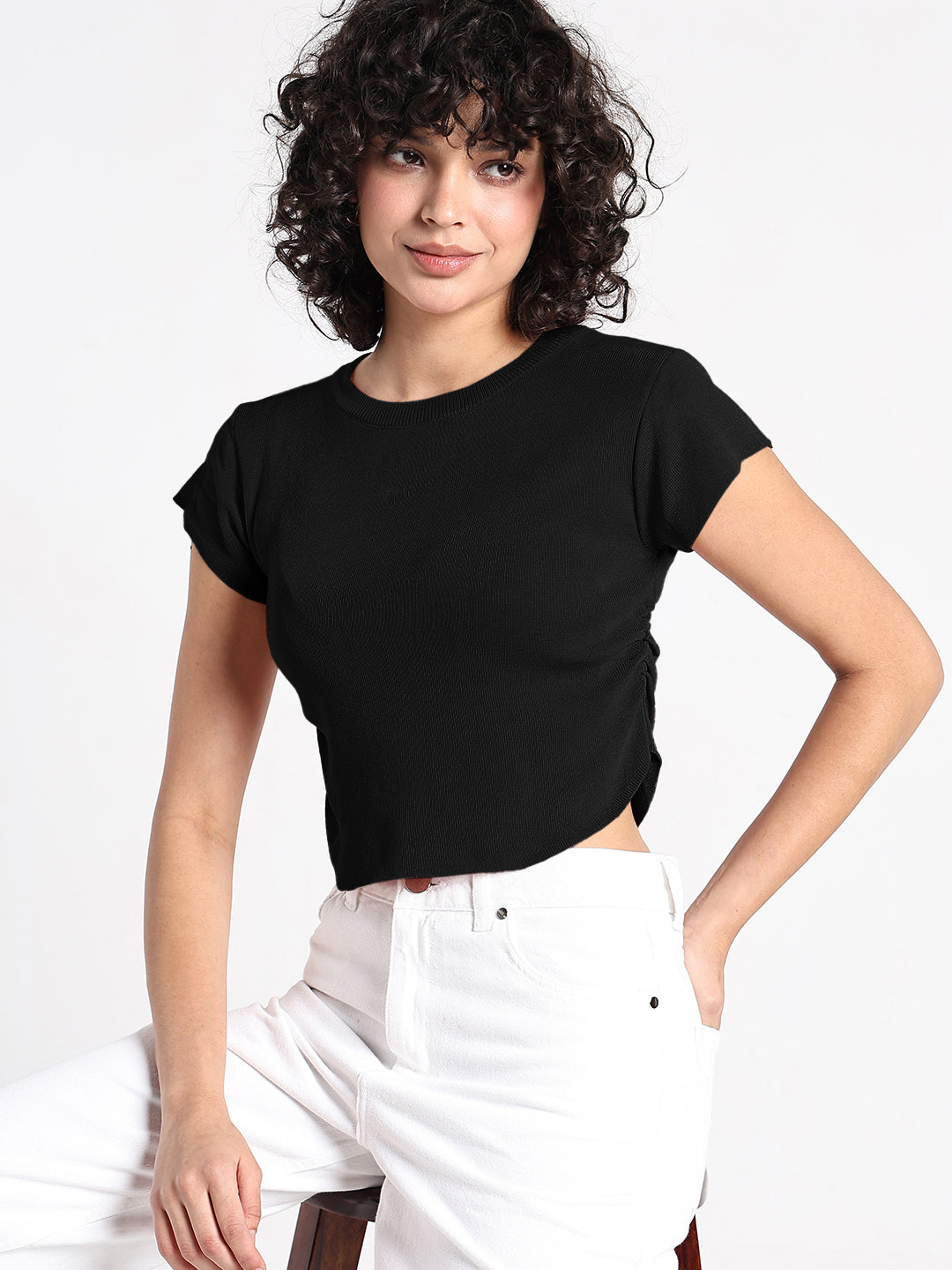 Women's Black Fitted Crop Top with Side Ruched Detail