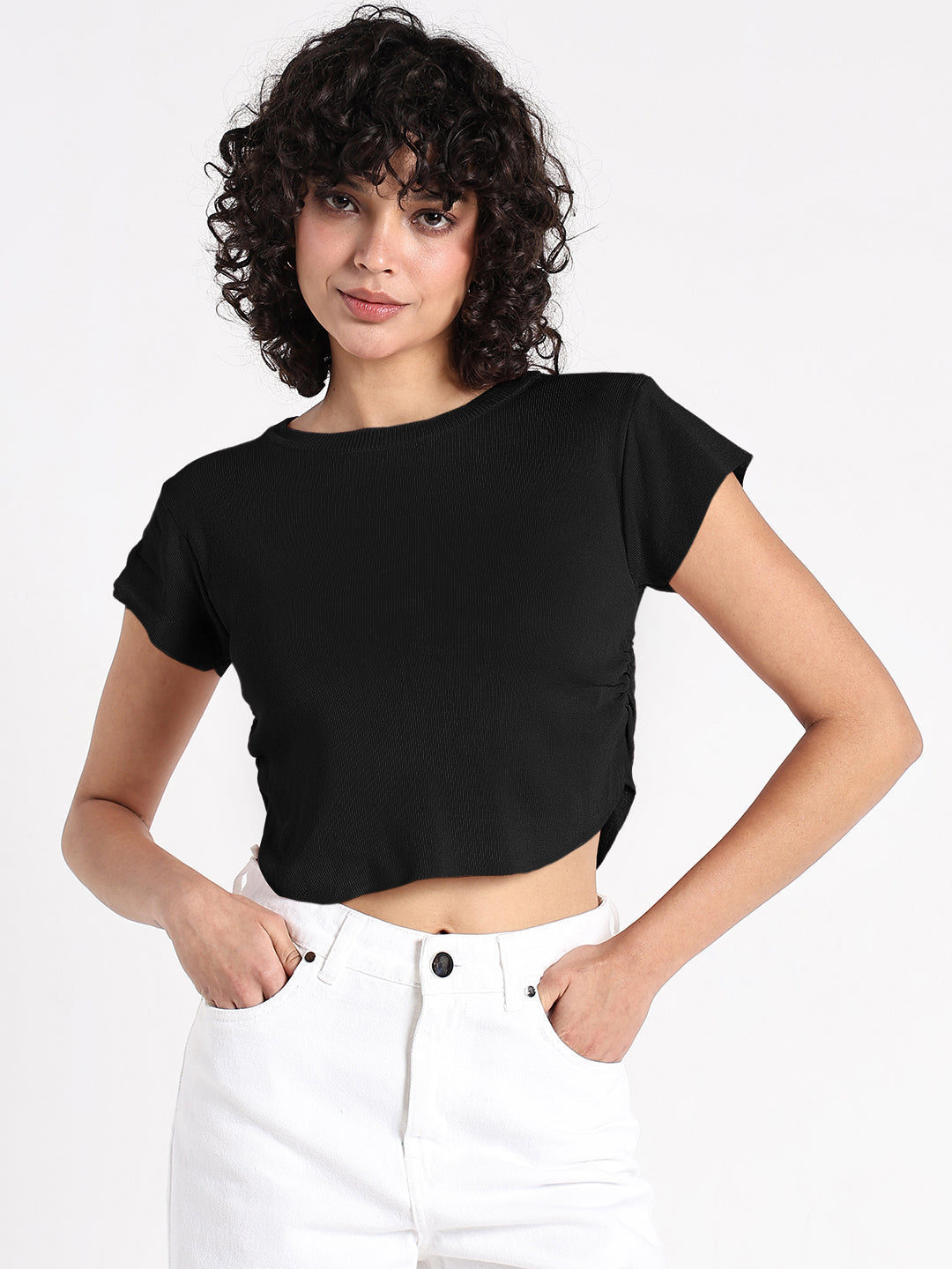 Women's Black Fitted Crop Top with Side Ruched Detail