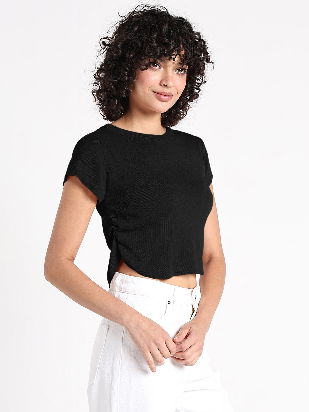 Women's Black Fitted Crop Top with Side Ruched Detail