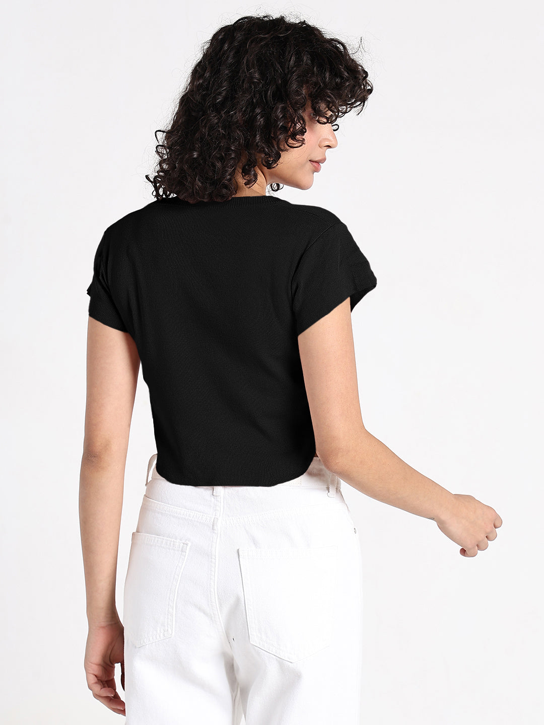 Women's Black Fitted Crop Top with Side Ruched Detail