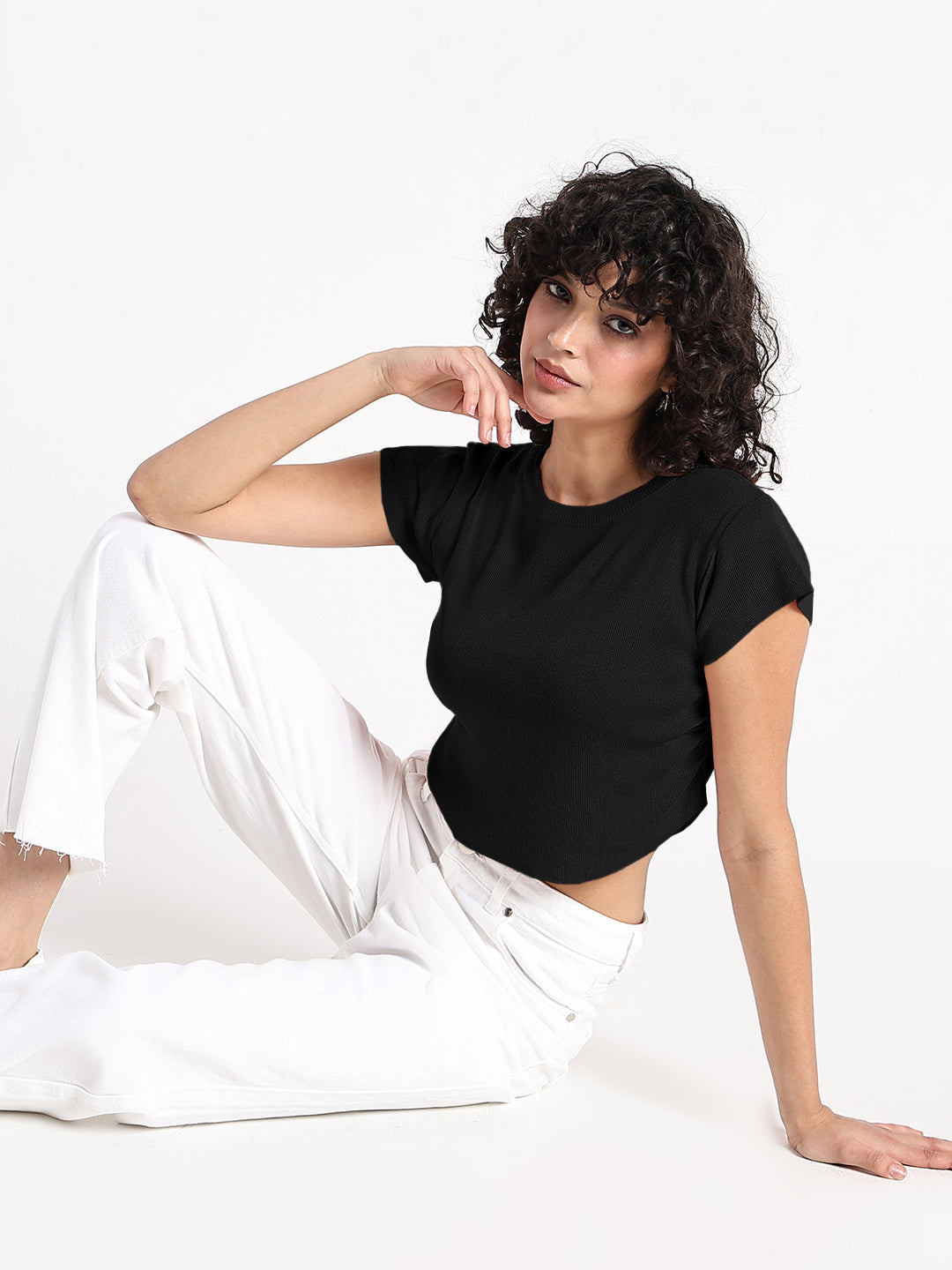 Women's Black Fitted Crop Top with Side Ruched Detail