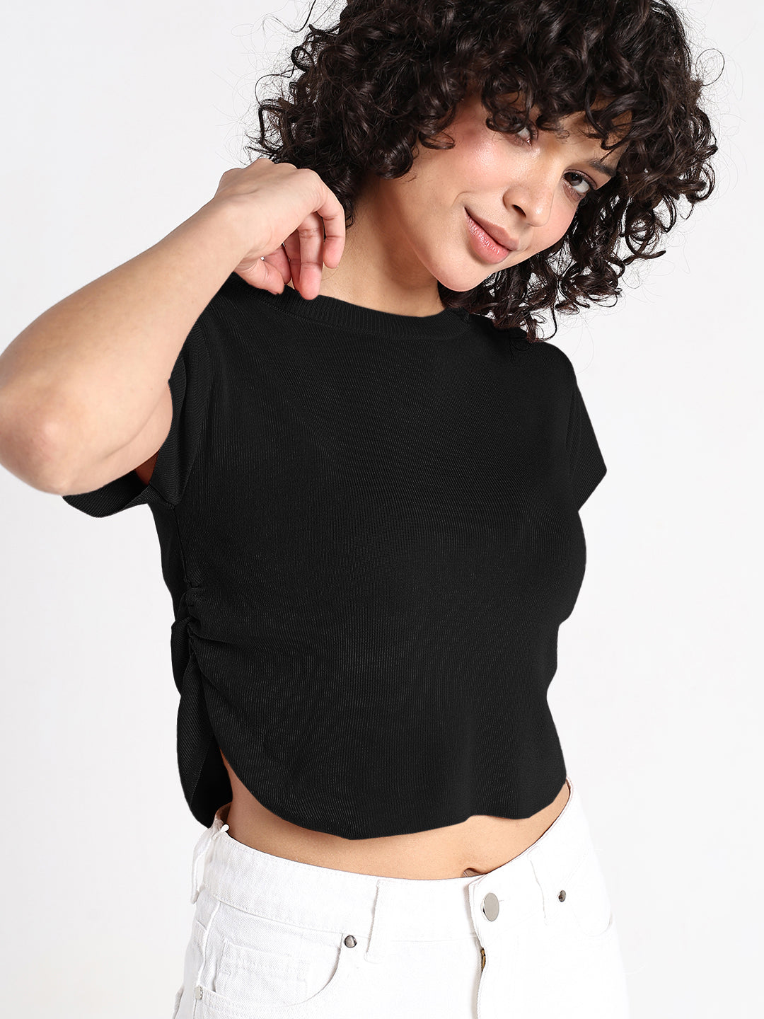 Women's Black Fitted Crop Top with Side Ruched Detail