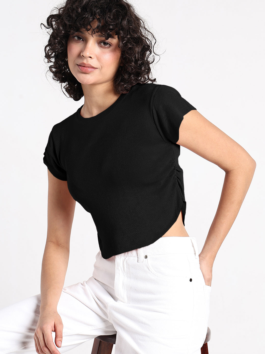 Women's Black Fitted Crop Top with Side Ruched Detail