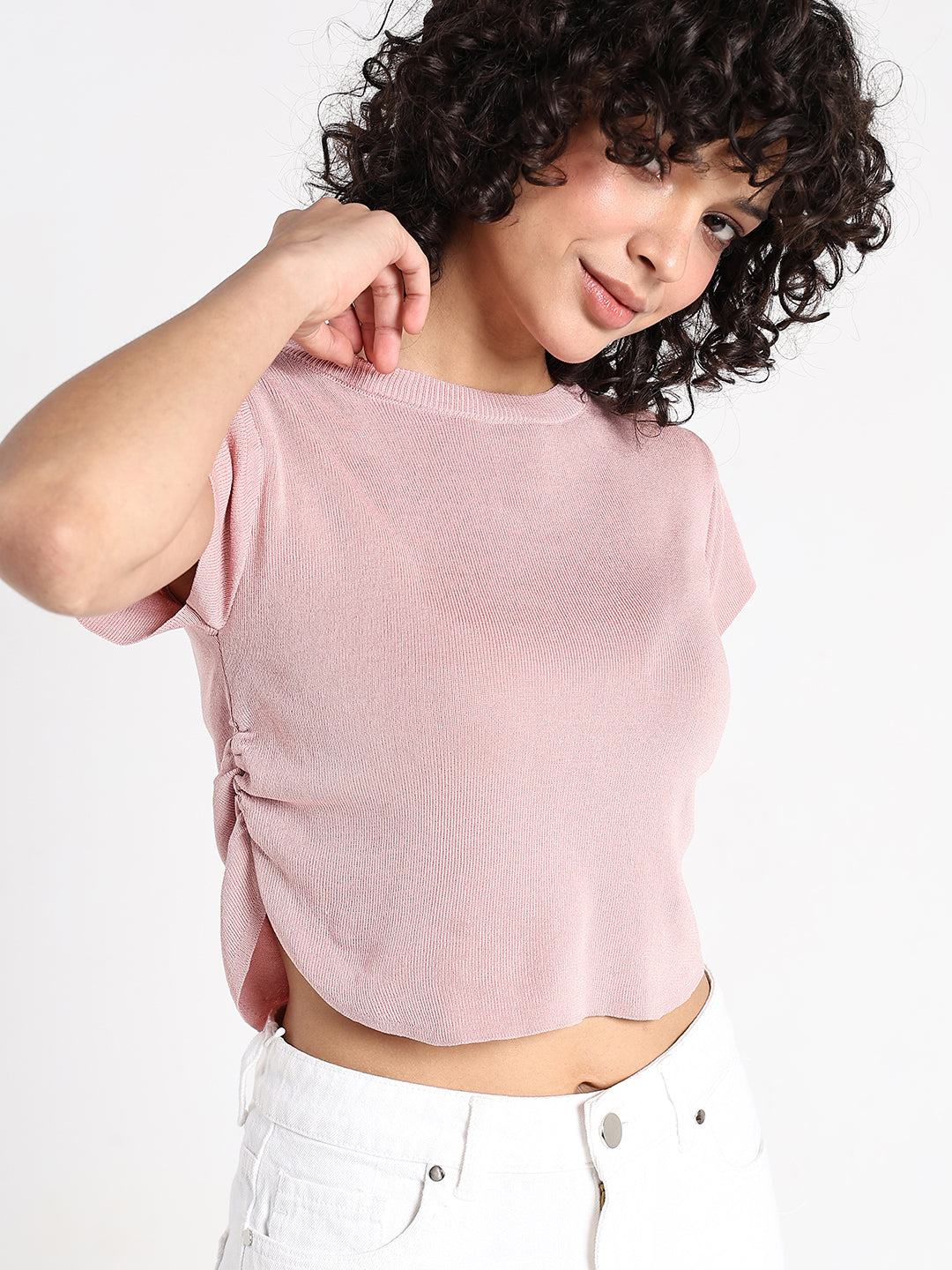 Women's Peach Fitted Crop Top with Side Ruched Detail