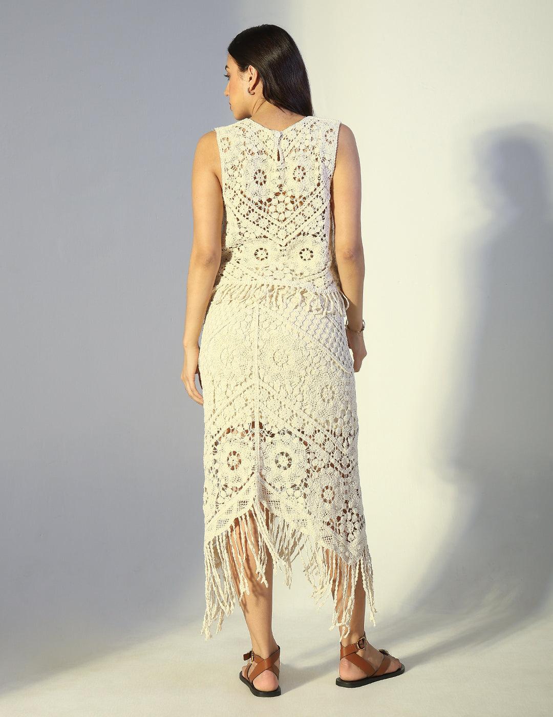 Women's Crochet Cream Top and Skirt Co-Ord Set with Fringed Hem