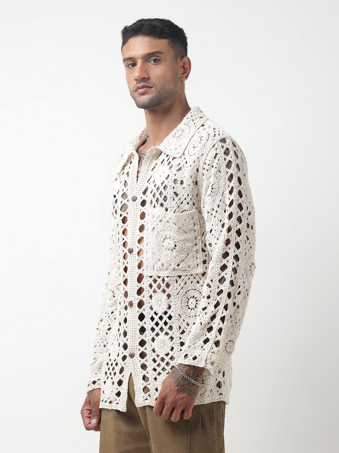 Men's Cream Crochet Knit Shirt with Oversized Pockets