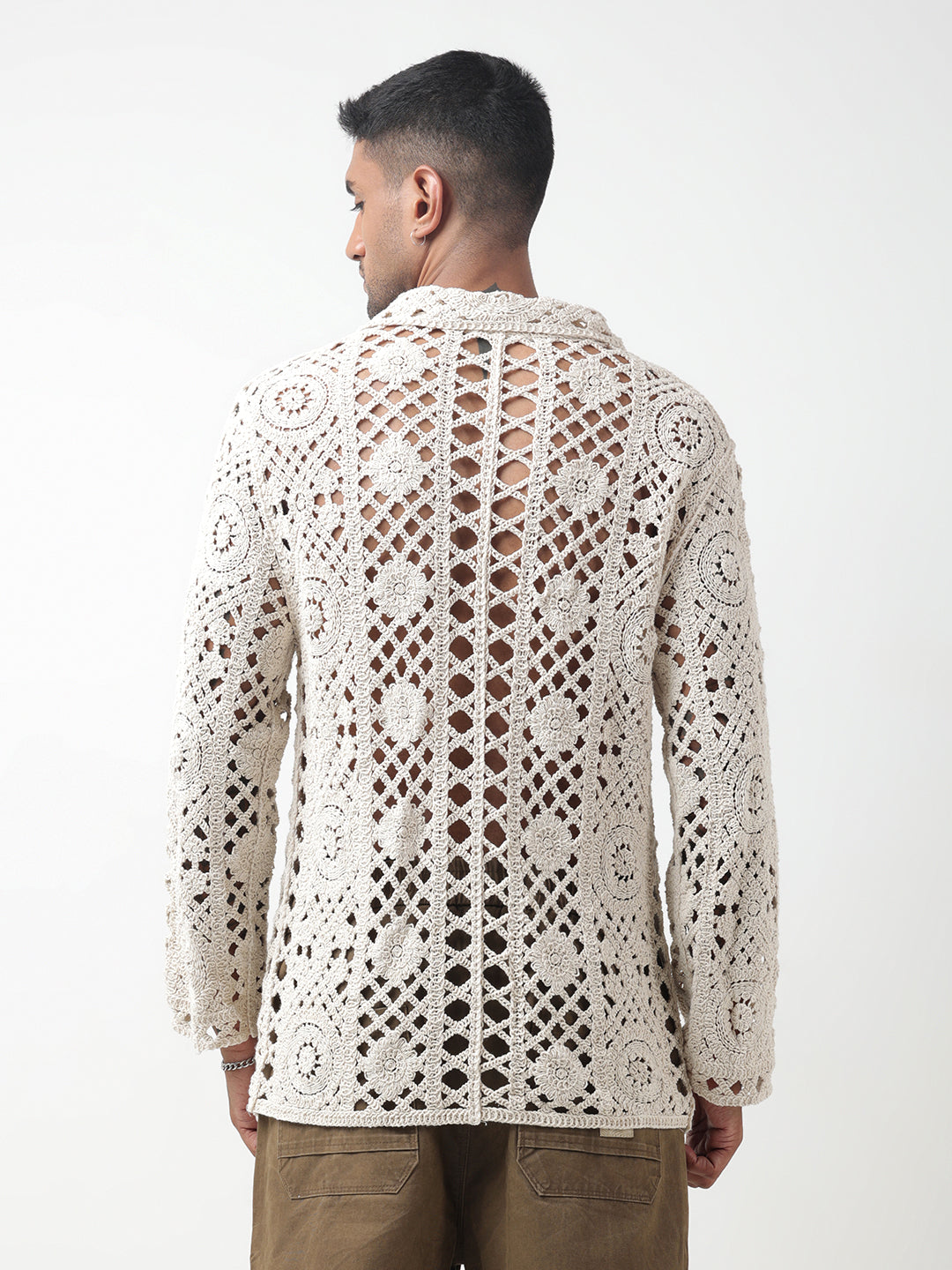 Men's Cream Crochet Knit Shirt with Oversized Pockets