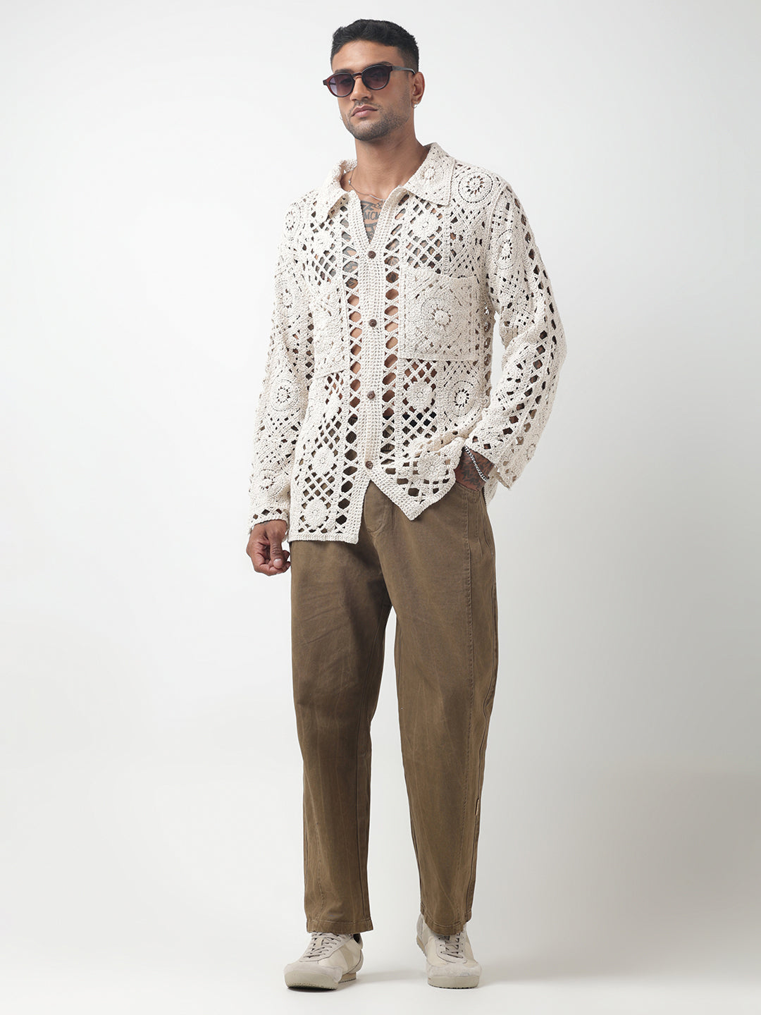 Men's Cream Crochet Knit Shirt with Oversized Pockets