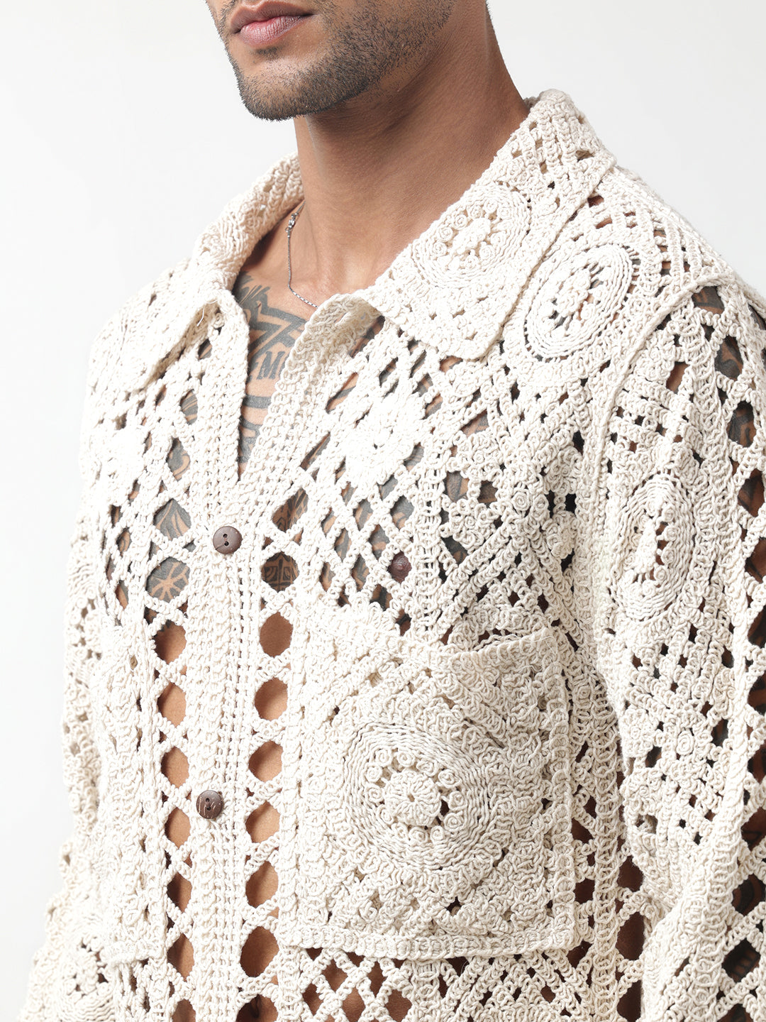 Men's Cream Crochet Knit Shirt with Oversized Pockets