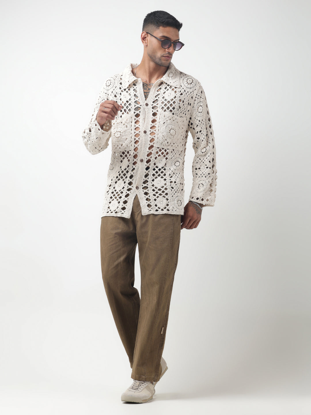 Men's Cream Crochet Knit Shirt with Oversized Pockets