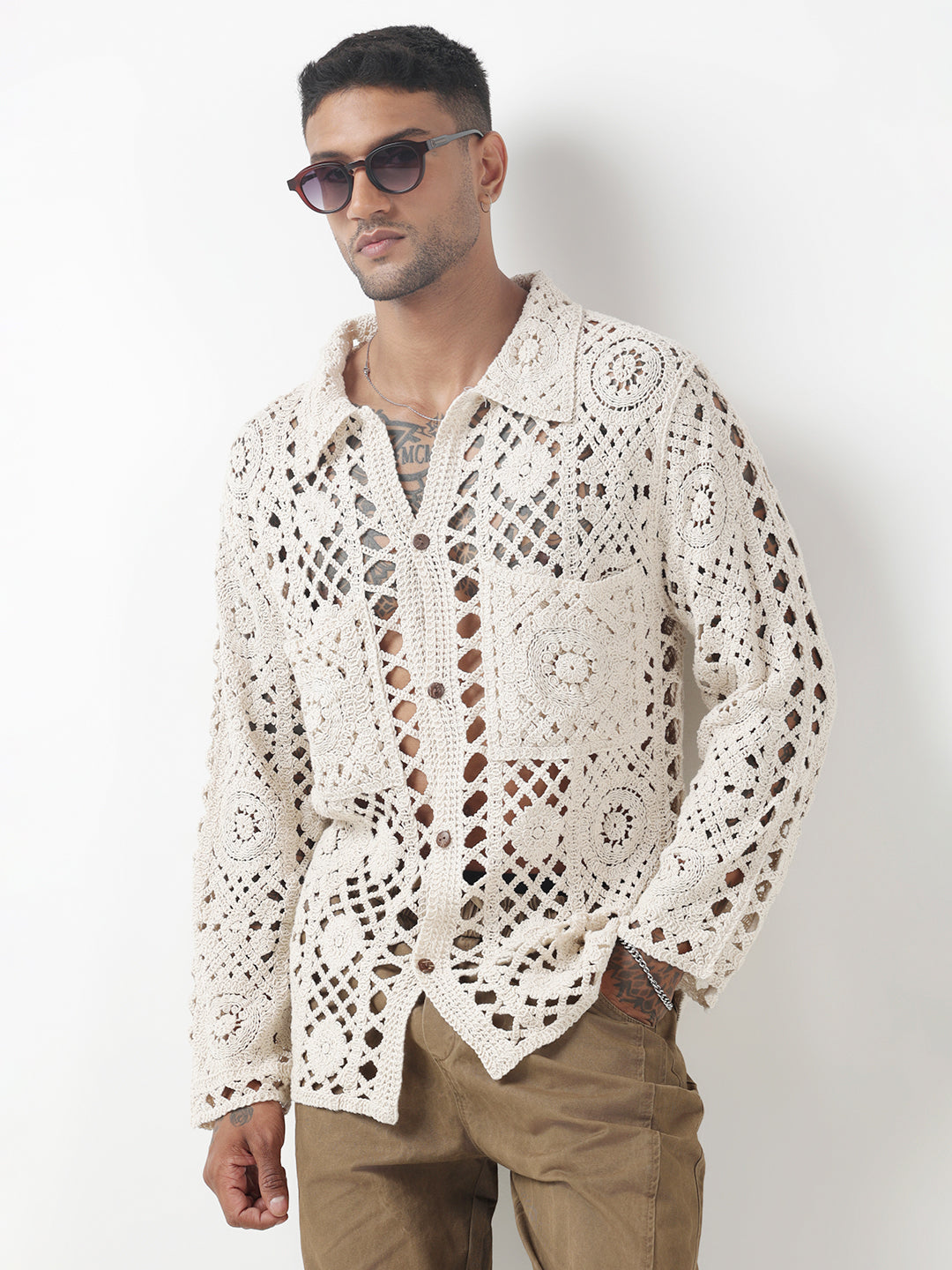 Men's Cream Crochet Knit Shirt with Oversized Pockets
