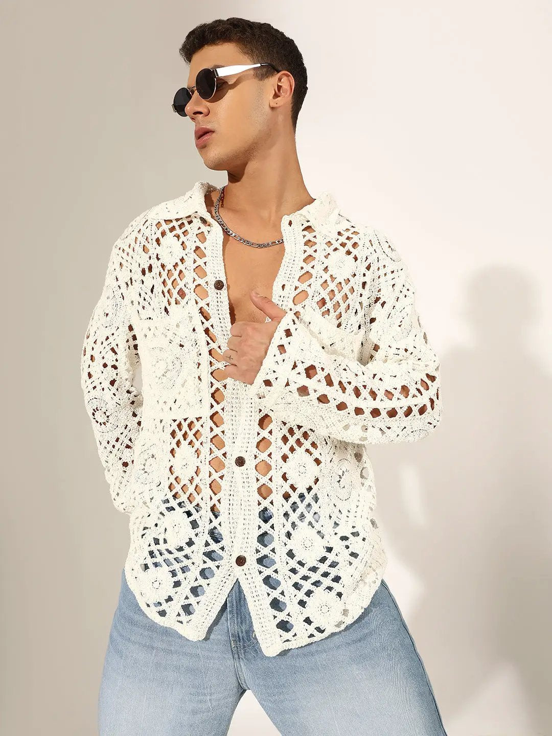 Buy Men's White Crochet Knit Full Sleeve Shirt with Chest Pockets
