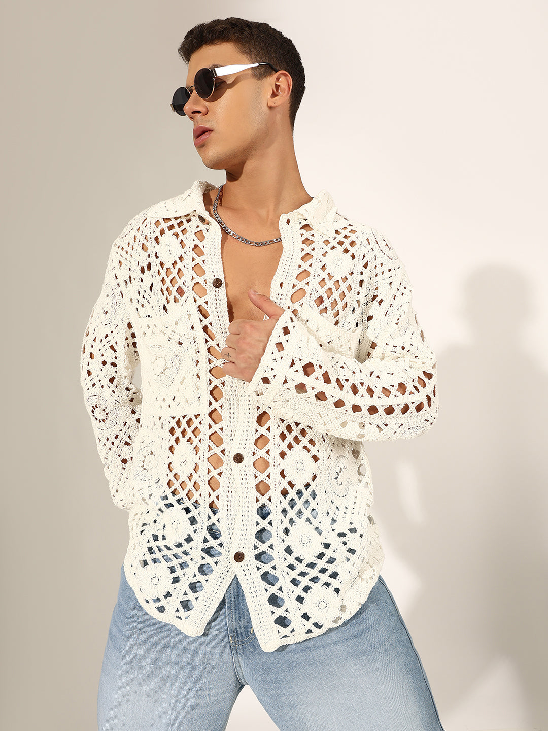 Men's White Crochet Knit Full Sleeve Shirt with Chest Pockets