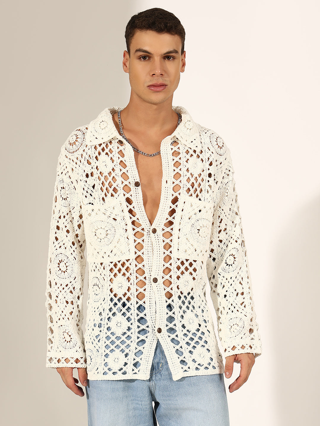 Men's White Crochet Knit Full Sleeve Shirt with Chest Pockets