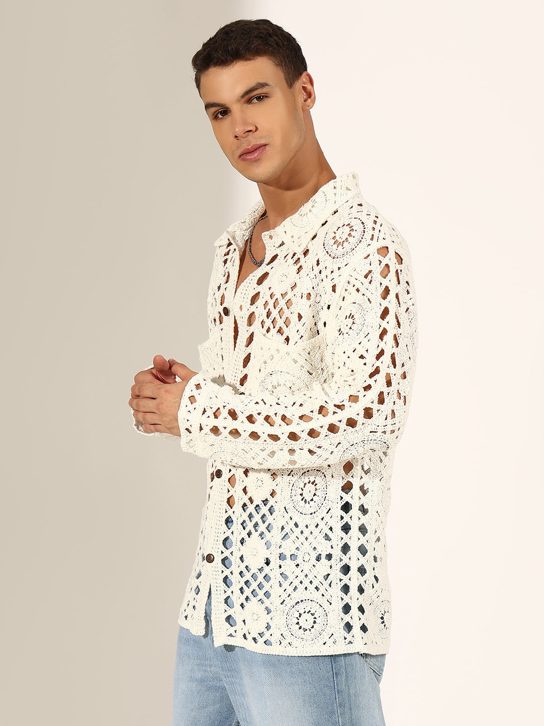 Men's White Crochet Knit Full Sleeve Shirt with Chest Pockets