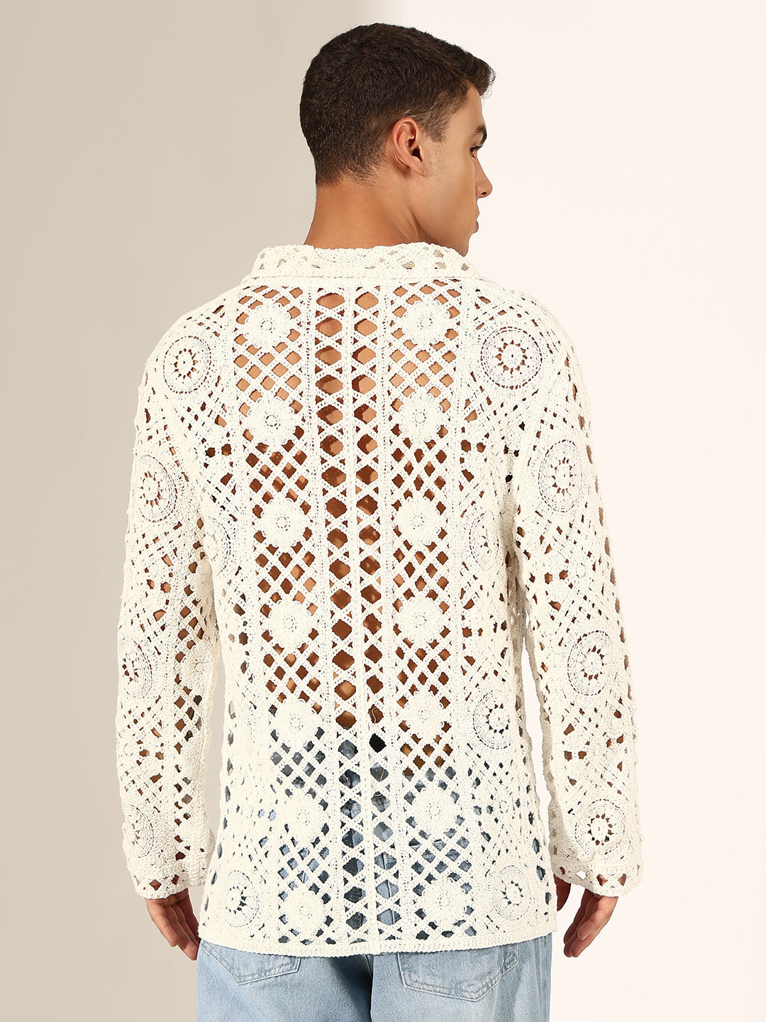 Men's White Crochet Knit Full Sleeve Shirt with Chest Pockets