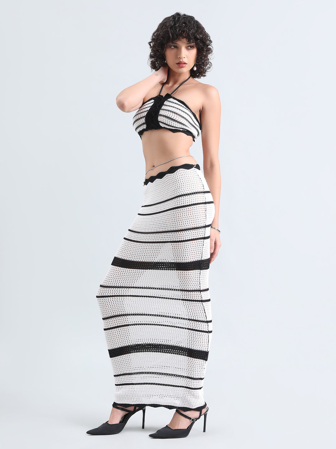 Women's Striped Black & White Crochet Tie-Up Top and Maxi Skirt Co-Ords
