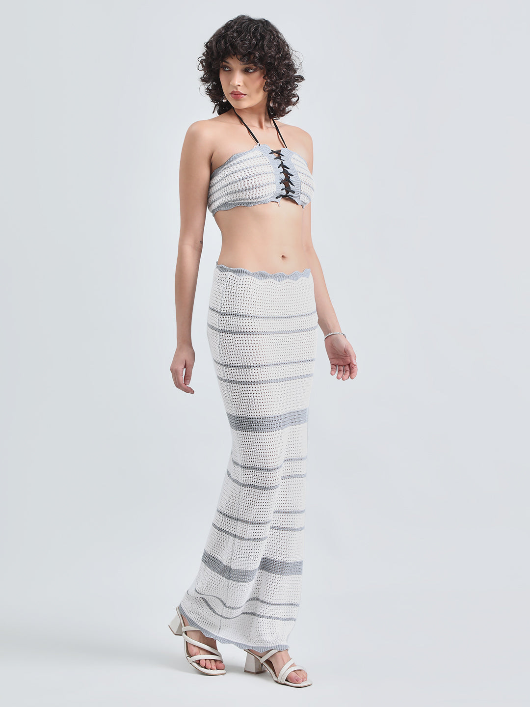 Women's Striped Grey & White Crochet Tie-Up Top and Maxi Skirt Co-Ords