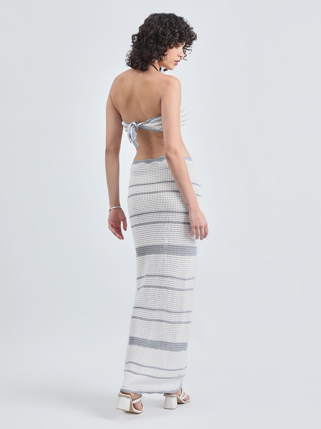 Women's Striped Grey & White Crochet Tie-Up Top and Maxi Skirt Co-Ords